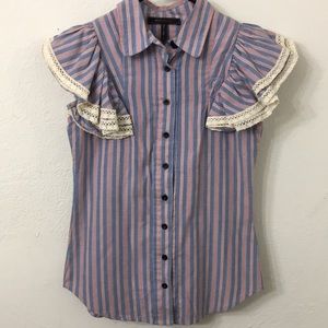 BCBGMaxAzria Pink and Blue Striped Ruffle Sleeve Button-Down Shirt